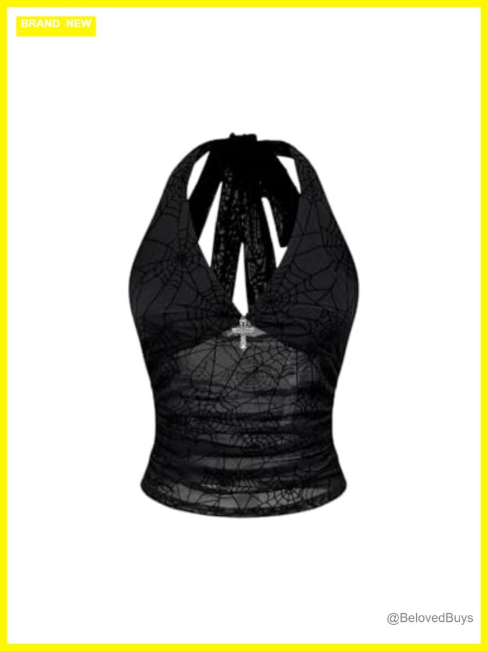 Mesh Sheer Halter Tank Top Ruched Open Back Slim Fit Y2K Goth